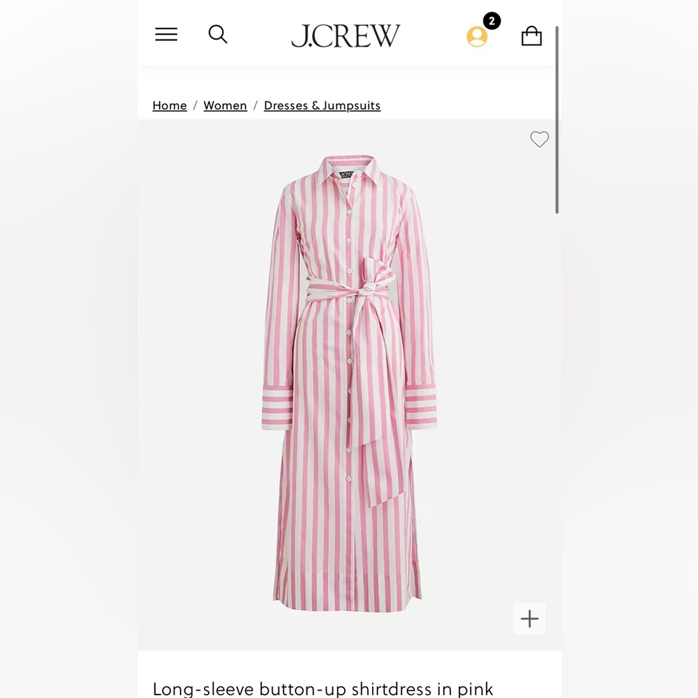 NWT JCrew- Long-sleeve button-up shirtdress in pink striped poplin
